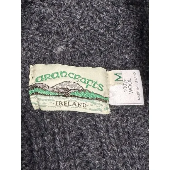 Aran Crafts Women's Gray Irish Wool Cable Knit Shawl Collar Cardigan Casual - Picture 2 of 7